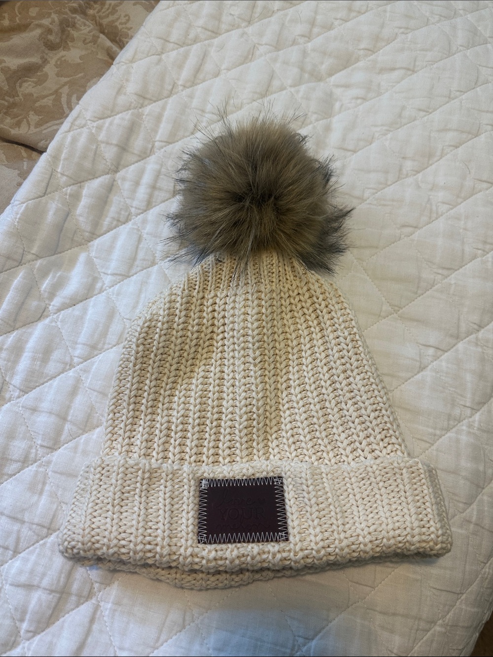 Love Your Melon Cream Knit Beanie with Faux Fur Pom